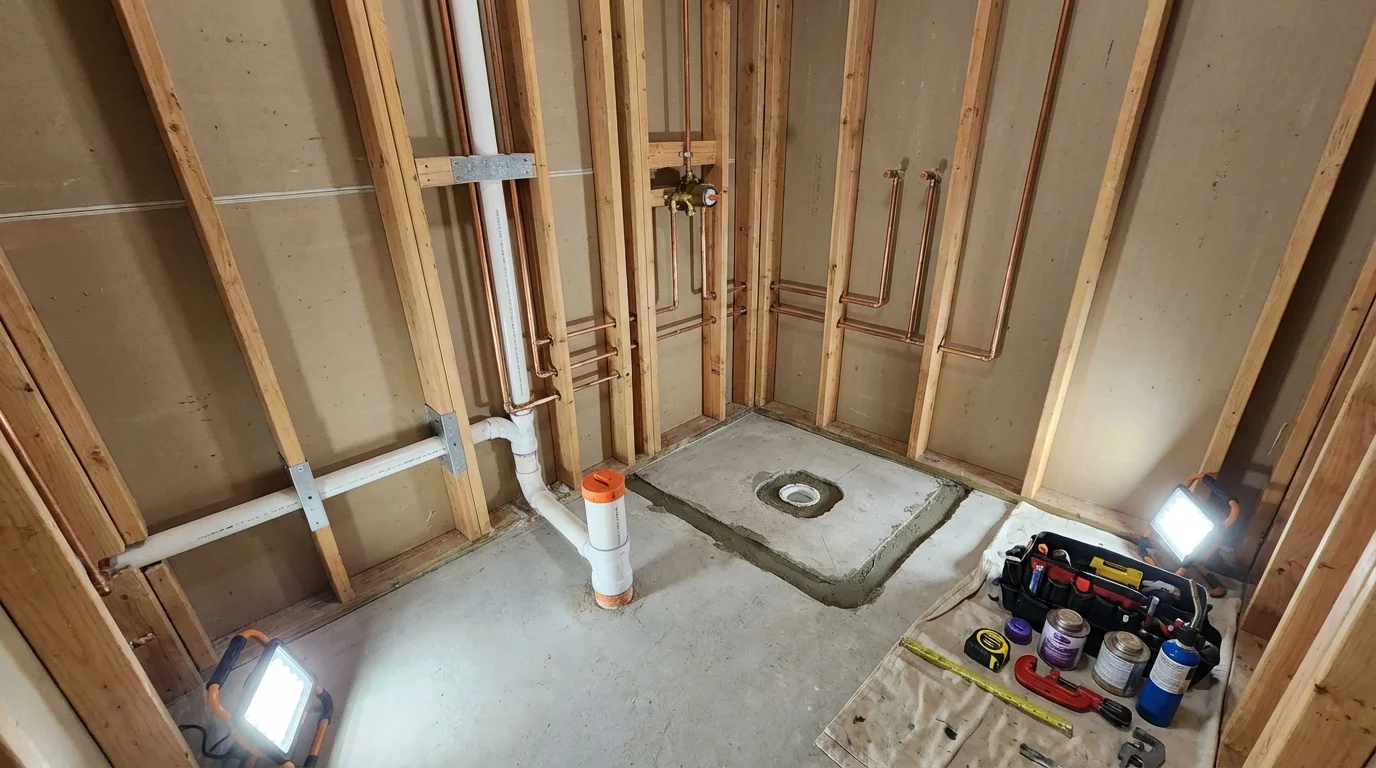 Bathroom rough-in plumbing during remodel by Johns Plumbing LLC in Gillett
