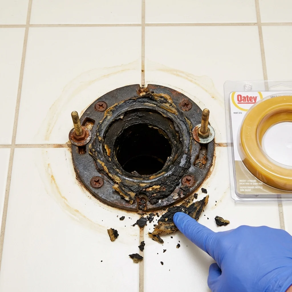 Failed wax ring showing water seepage at the base of a toilet in a Gillett, WI home